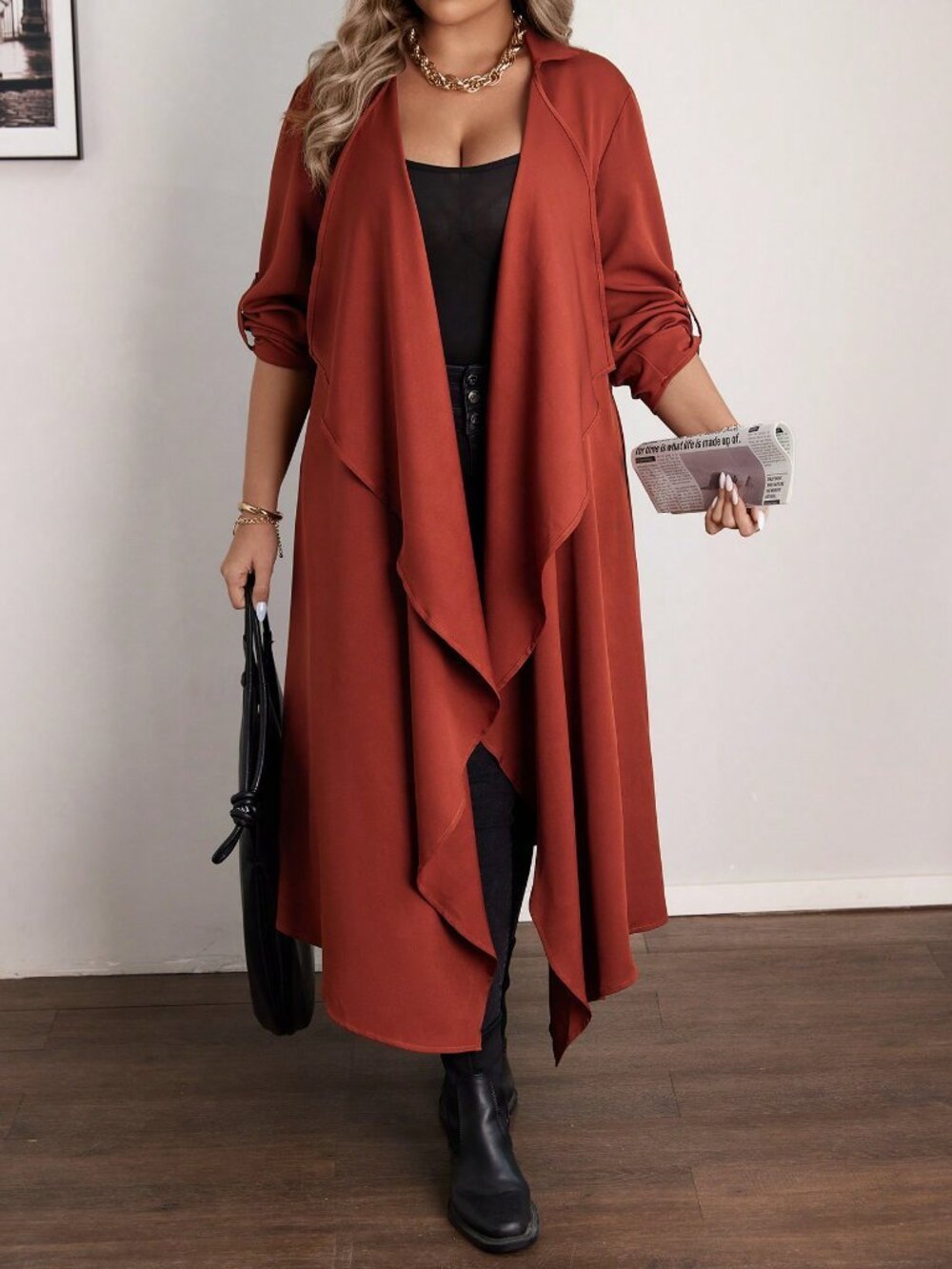 Rust Brown Casual Women's Asymmetrical Midi Waterfall Collar Long Jacket